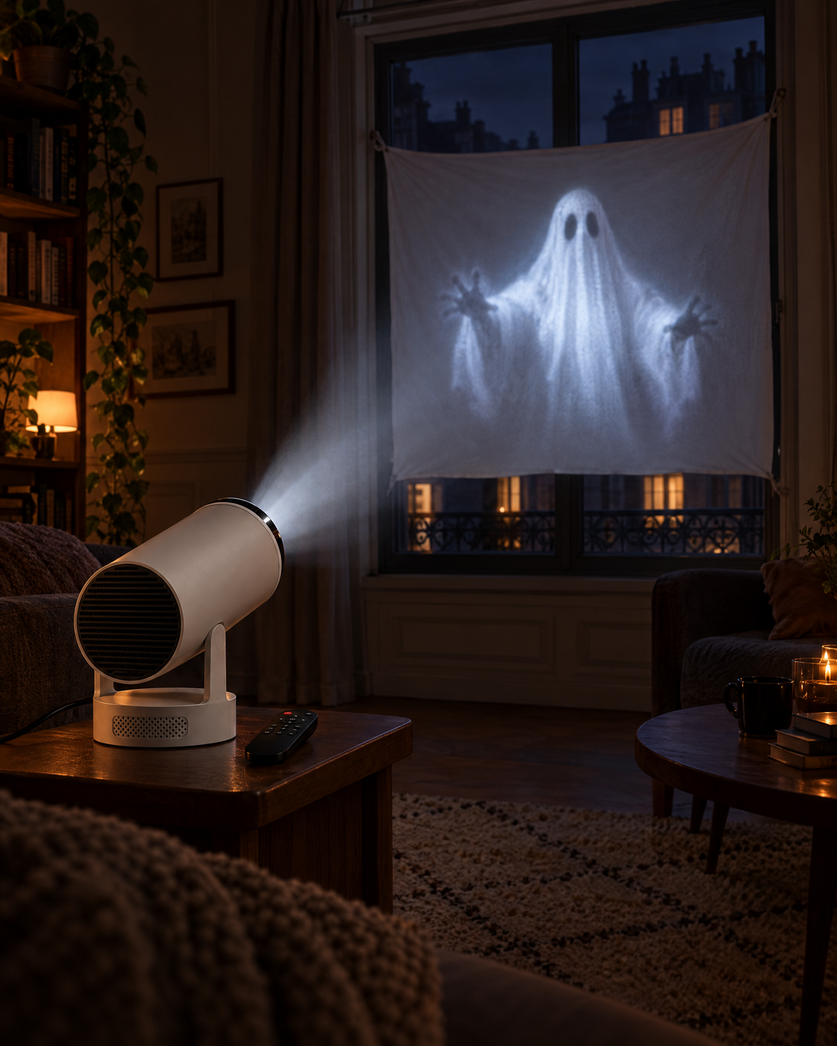 Projecteur posé dans un salon, projection sur une toile tendue dans la fenêtre