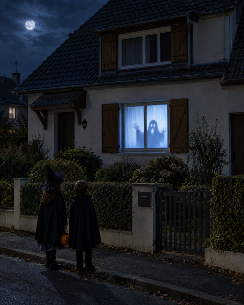 Maison la nuit avec un fantôme projeté dans la fenêtre