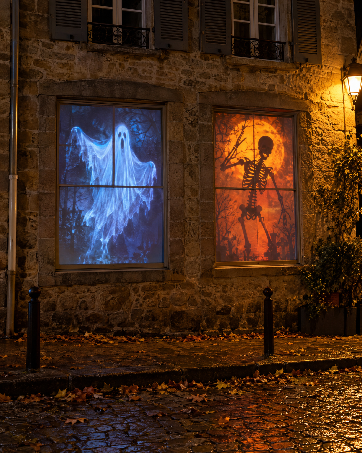 Deux fenêtres avec deux scènes Halloween projetées